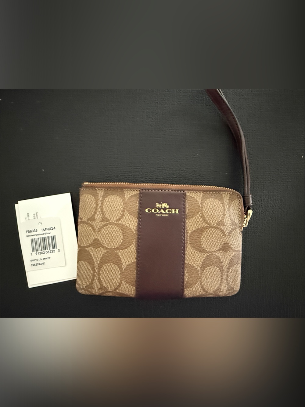 Coach Tan Signature Canvas and Brown Leather Zip Wristlet NWT